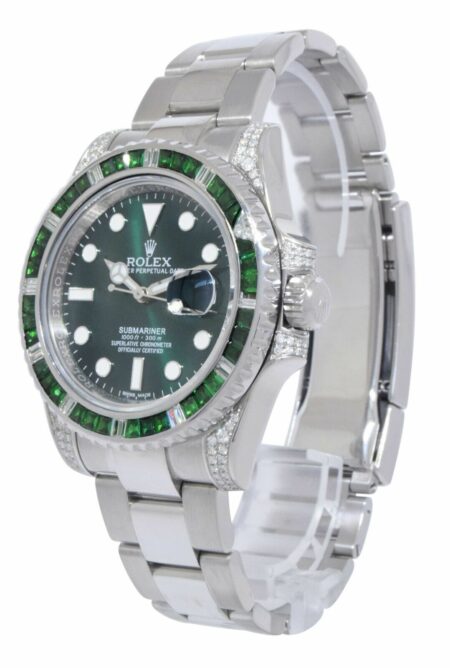 Rolex Submariner Date Steel Green Stones & Diamond 40mm Watch +Card '15 116610