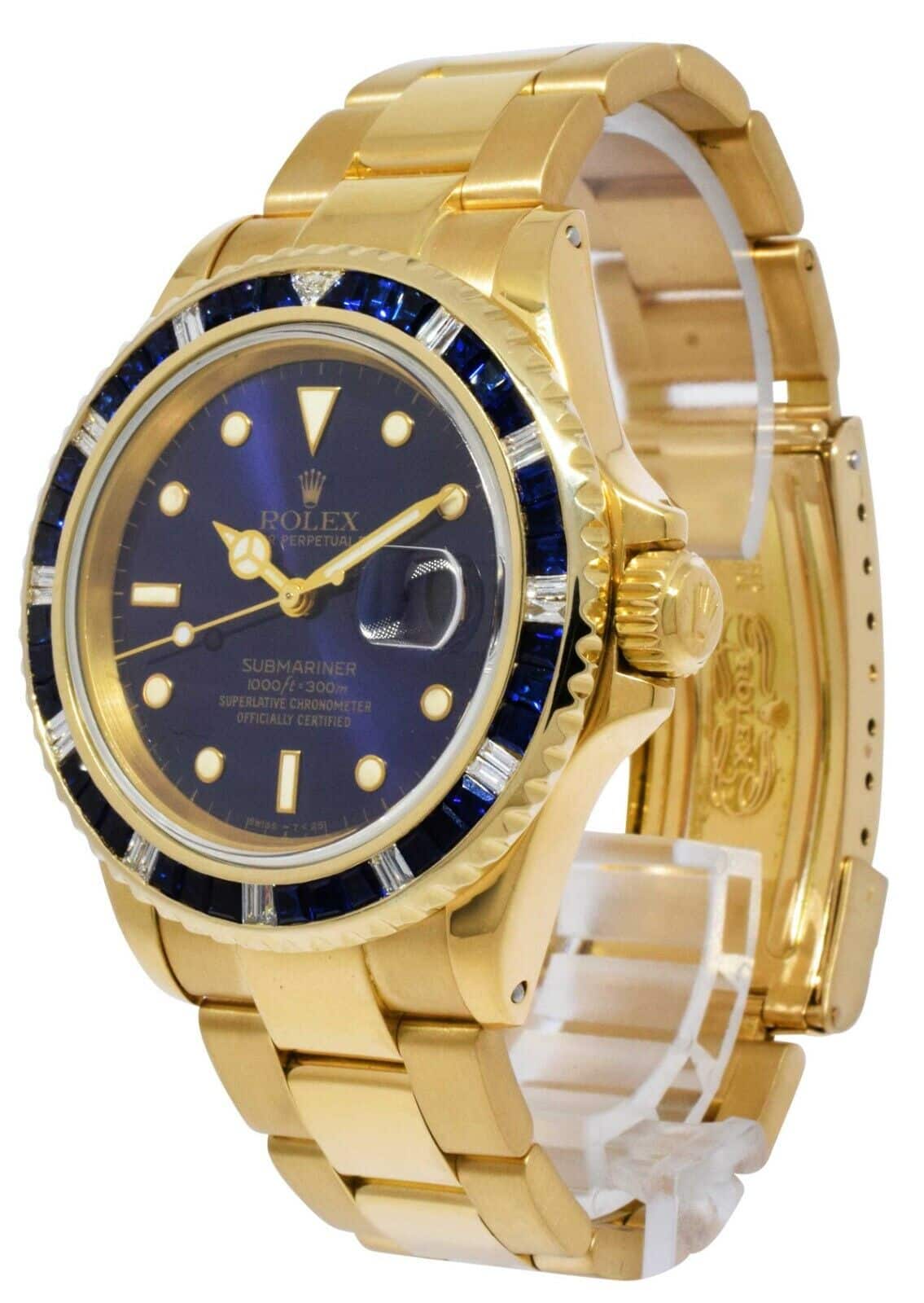 Rolex Submariner Date 18k Yellow Gold Blue Sapphire/Diamond 40mm Watch 16808