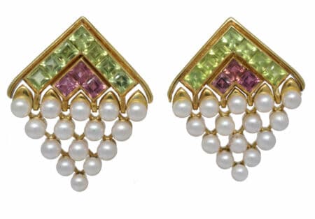 Ladies 18K Gold Peridot Rhodolite Pearl Earrings