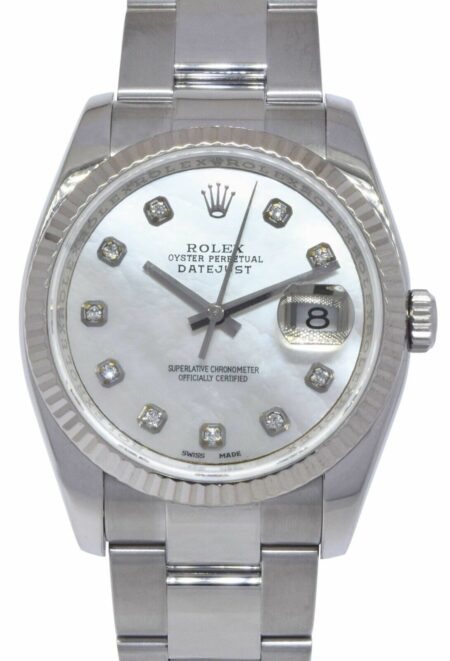 Rolex Datejust Steel 18k White Gold Bezel MOP Diamond Dial 36mm Watch M 116234