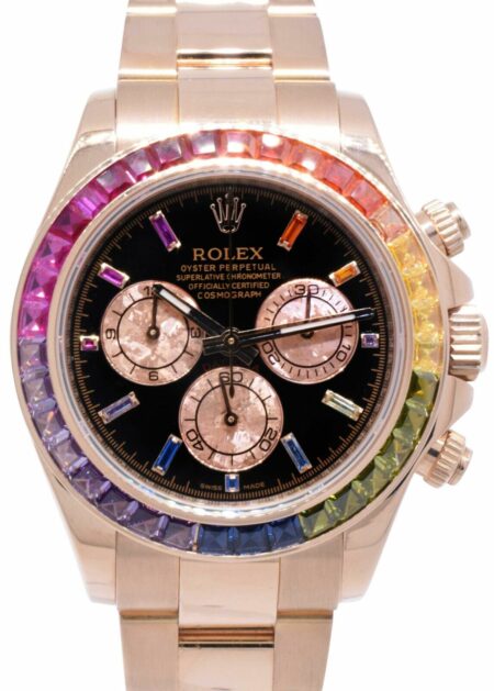 Rolex Daytona 18k Rose Gold Rainbow Bezel Black Dial Mens 40mm Watch/Box 116505