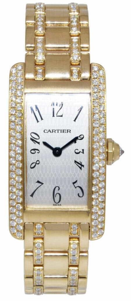 Cartier Tank Americaine 18k YG Silver Dial Diamond Ladies Quartz Watch 1710