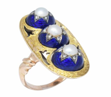 14K Gold Vintage Pearl, Enamel & Diamond Ring Size 4.25