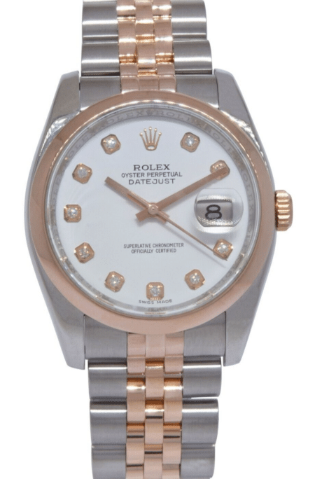 Rolex Datejust 18k Rose Gold/Steel White Diamond Dial 36mm Jubilee Watch 116201
