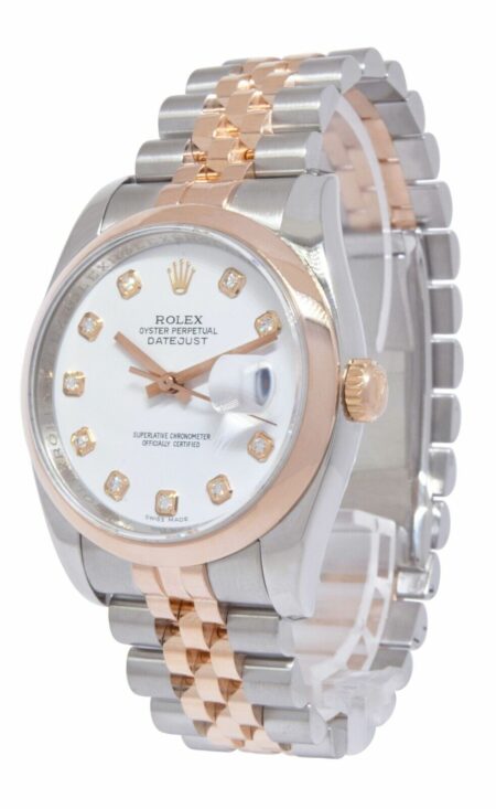 Rolex Datejust 18k Rose Gold/Steel White Diamond Dial 36mm Jubilee Watch 116201