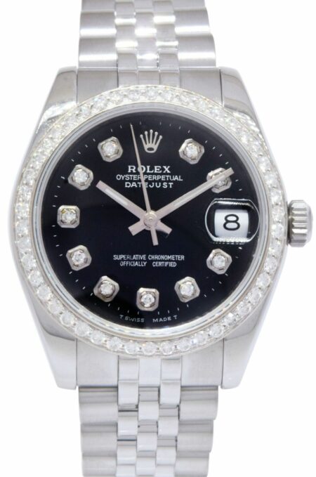 Rolex Datejust Steel Black Diamond Dial/Bezel Ladies 31mm Jubilee Watch 178240