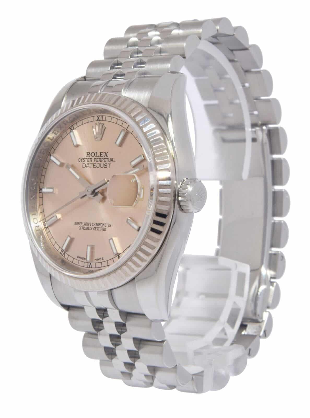 Rolex Datejust Steel & 18k White Gold Bezel Pink Dial 36mm Watch '12+ 116234