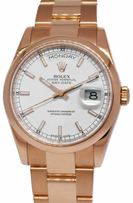 Rolex Day-Date 18k Rose Gold White Dial 36mm Oyster Bracelet Watch Y 118205