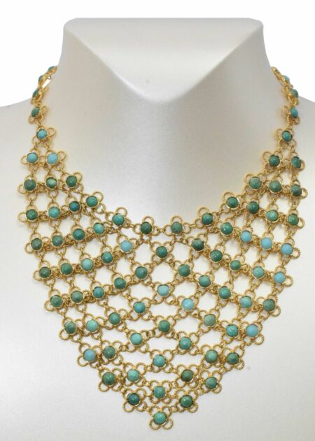 14k Yellow Gold Vintage Bib Necklace Turquoise Cabochons