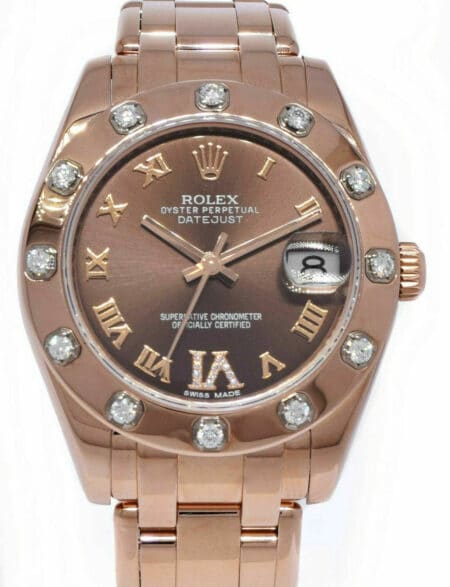 Rolex Pearlmaster 18k Rose Gold Chocolate Diamond VI Ladies 34mm Watch 81315