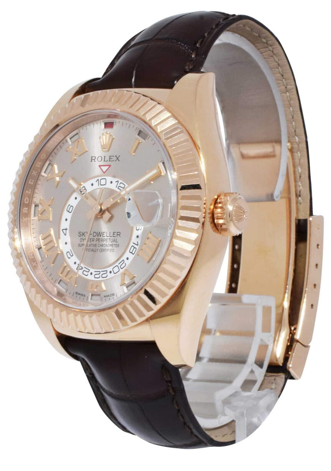 Rolex Sky-Dweller 18k Everose Gold Sundust Roman Dial Mens 42mm GMT Watch 326135