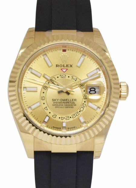 Rolex Sky-Dweller 18k Yellow Gold Champagne Oysterflex 42mm Watch B/P '23 336238