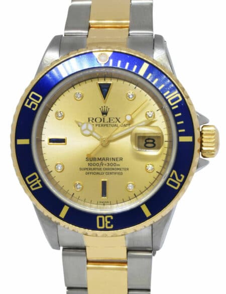 Rolex Submariner 18k Yellow Gold/Steel Serti Diamond Dial 40mm Watch A 16613