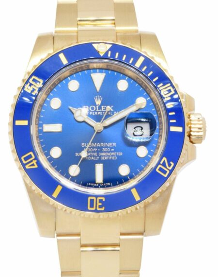 Rolex Submariner Date 18k Yellow Gold Blue Ceramic 40mm Watch B/P '15 116618