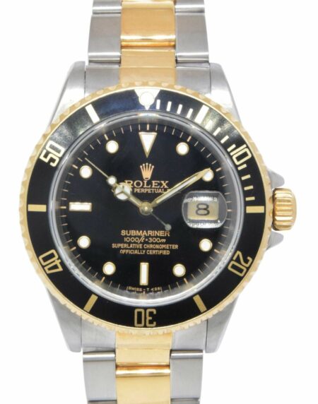 Rolex Submariner Date 18k Yellow Gold/Steel Black Mens 40mm Watch E 16613