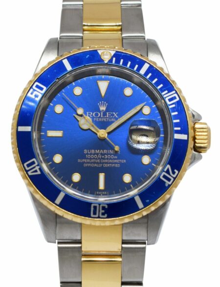 Rolex Submariner Date 18k Yellow Gold/Steel Blue Mens 40mm Watch B/P D 16613
