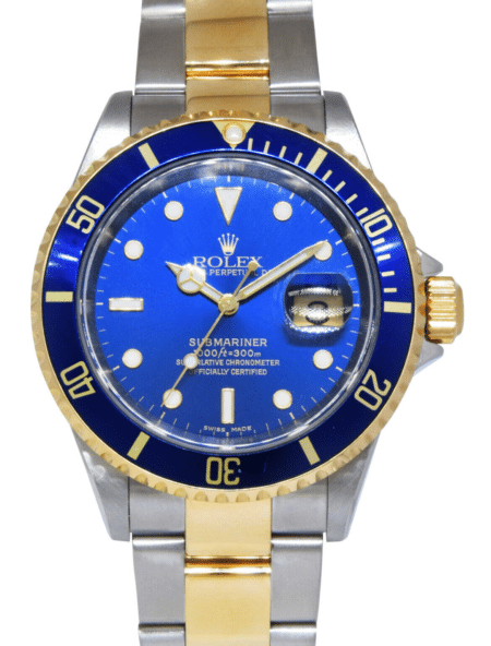 Rolex Submariner Date 18k Yellow Gold/Steel Blue Mens 40mm Watch B/P Y 16613