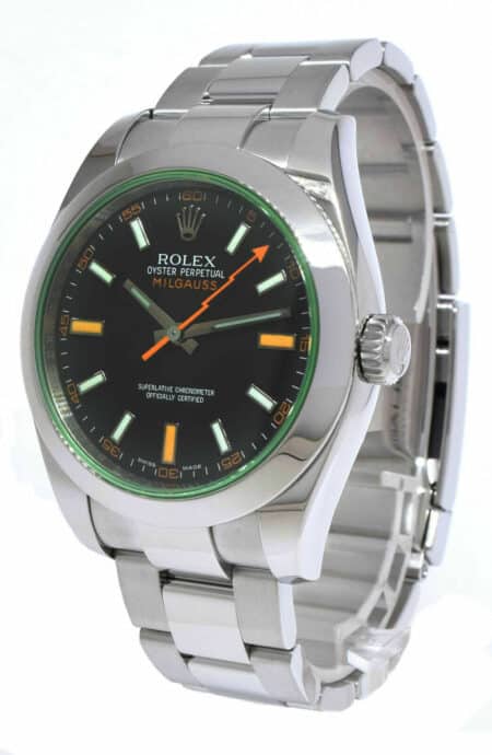 Rolex Milgauss Steel Black Dial Green Crystal Mens 40mm Watch B/P G 116400