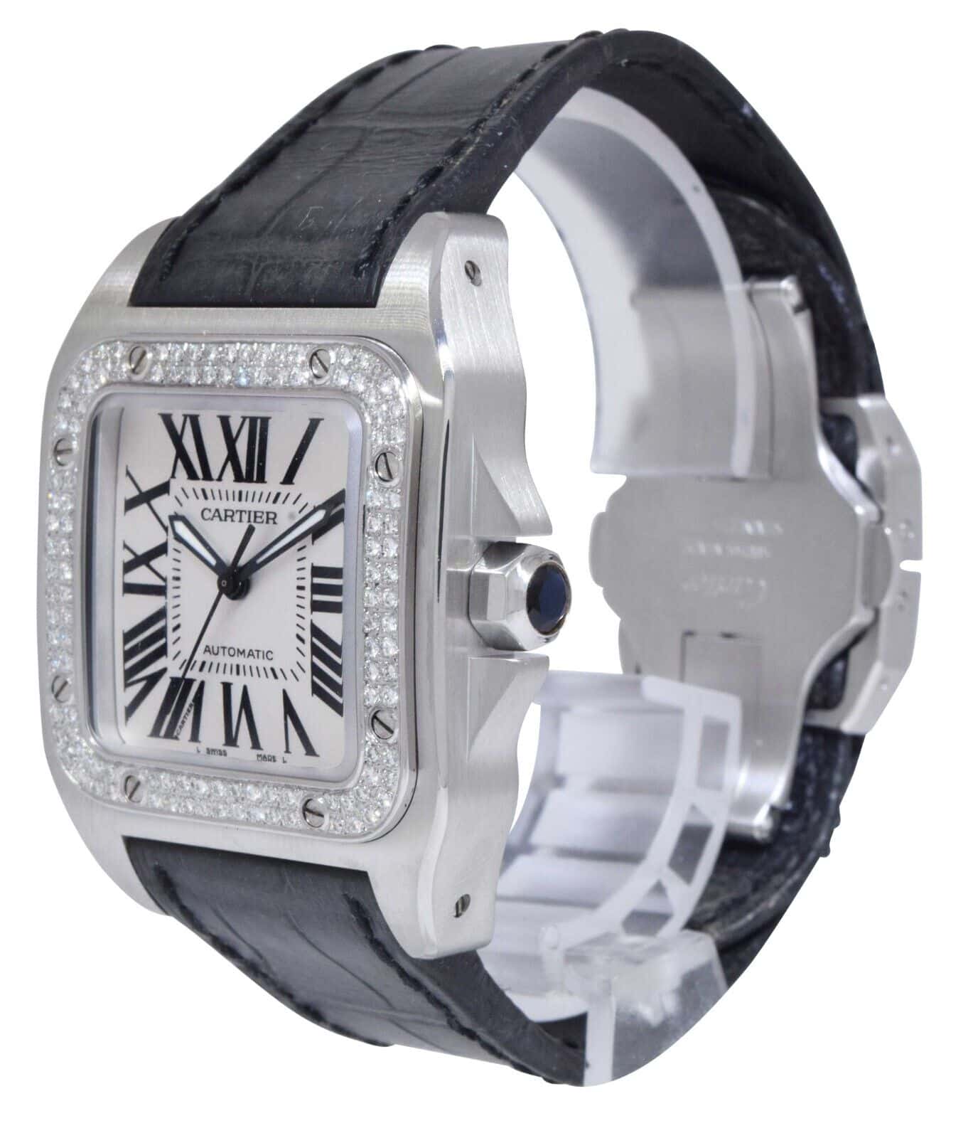 Cartier Santos 100 Steel Diamond Bezel Midsize Automatic Watch W20126x8 2878