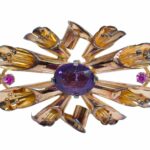 Deco Brooch 18k Rose Gold Amethyst and Ruby