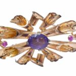 Deco Brooch 18k Rose Gold Amethyst and Ruby