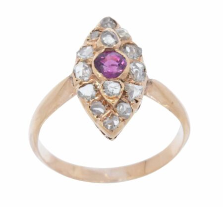 Diamond & Ruby Marquise Shape Ladies Vintage Ring in 14k Rose Gold