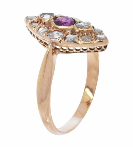 Diamond & Ruby Marquise Shape Ladies Vintage Ring in 14k Rose Gold