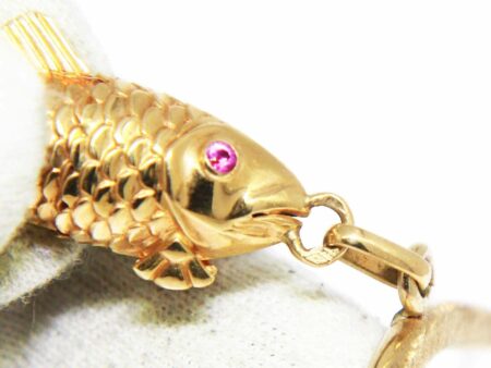 Fish & Hook Vintage 14k Yellow Gold & Ruby Brooch Pin