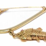 Fish & Hook Vintage 14k Yellow Gold & Ruby Brooch Pin