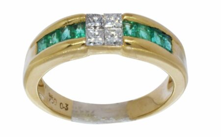 Green Emerald & Princess Cut Diamond 18k Yellow Gold Ladies Band Ring Size 6.25