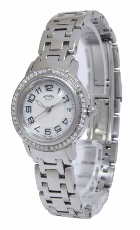 Hermes Clipper Steel MOP Dial Diamond Bezel Ladies 25mm Quartz Watch CP1.230