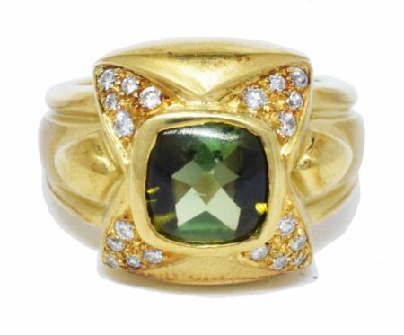 Kimberlee Teti 18k Yellow Gold Green Cabochon Tourmaline & Diamond Ring Size 7.5