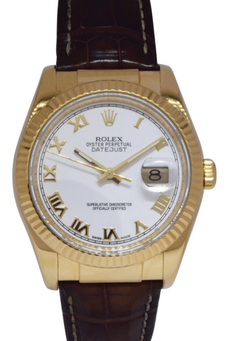 Rolex Datejust 18k Yellow Gold White Dial Mens 36mm Watch on Strap F 116138