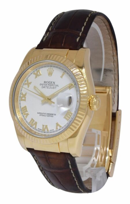 Rolex Datejust 18k Yellow Gold White Dial Mens 36mm Watch on Strap F 116138