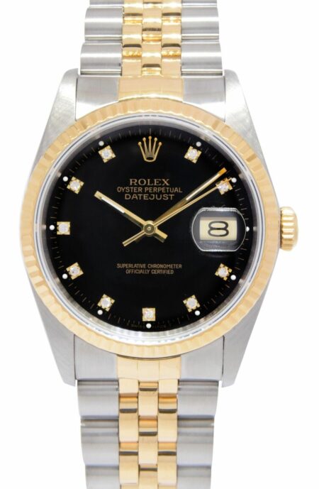 Rolex Datejust 18k Yellow Gold/Steel Black Diamond Dial 36mm Watch R 16233