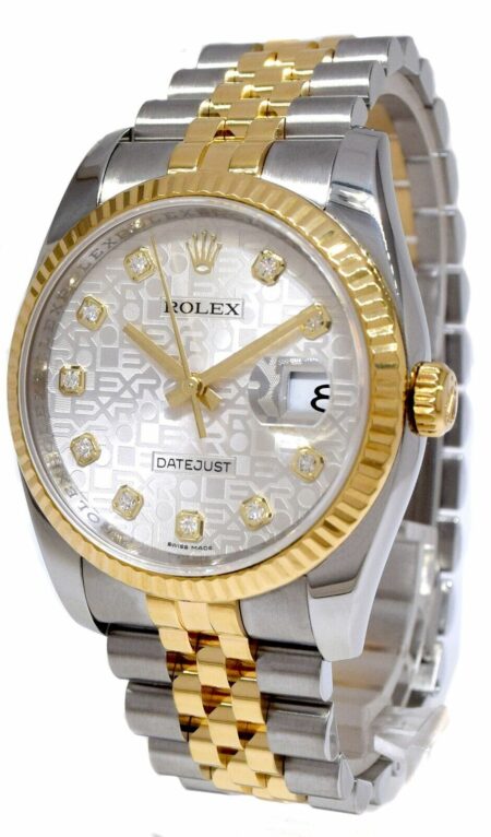 Rolex Datejust 18k Yellow Gold/Steel Silver Diamond Dial 36mm Watch +12 116233