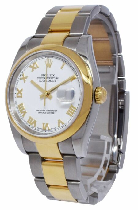 Rolex Datejust 18k Yellow Gold/Steel White Roman Dial Mens 36mm Watch Z 116203