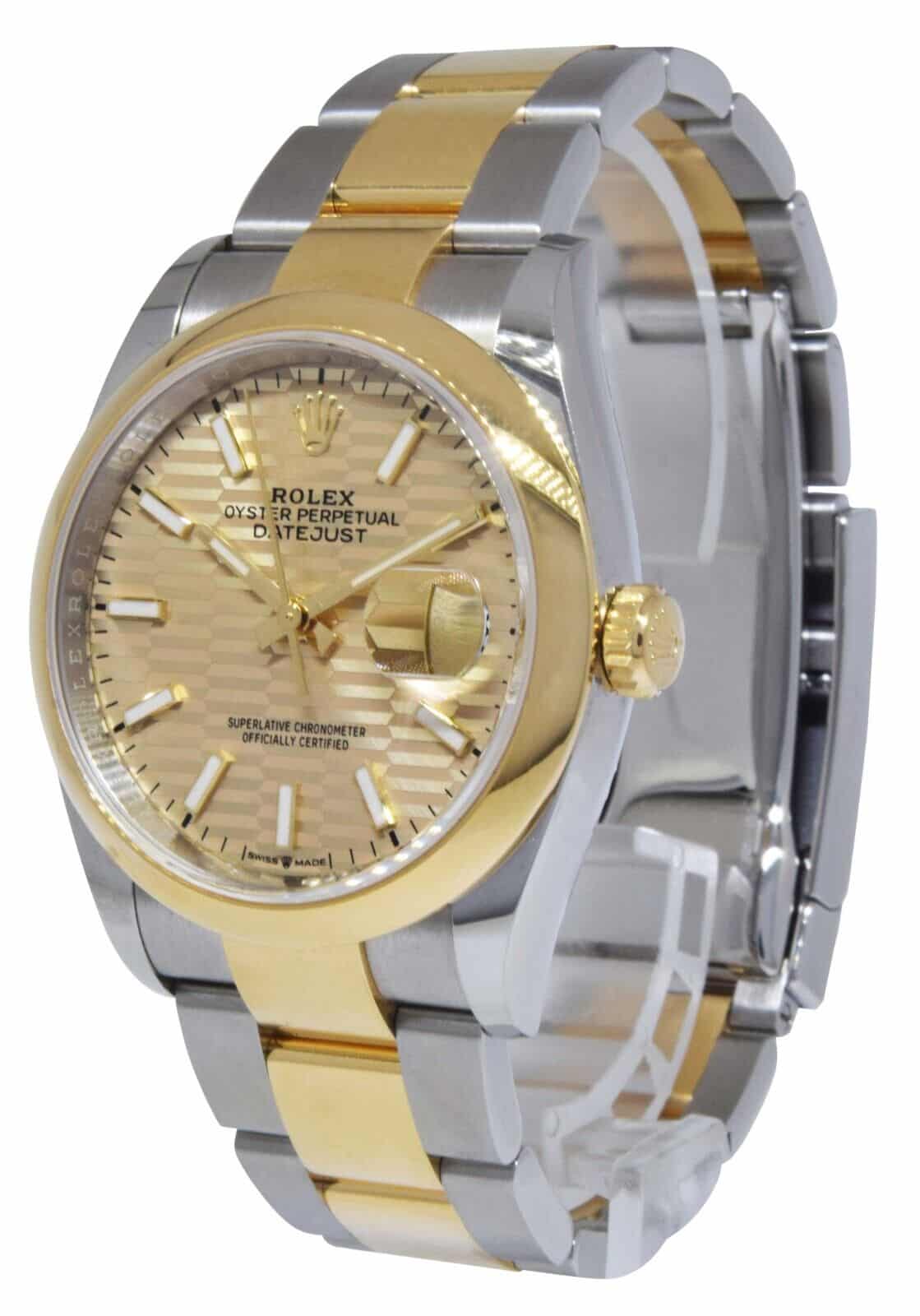 Rolex Datejust 36 Yellow Gold/Steel Golden Fluted Motif Dial Mens Watch 126203