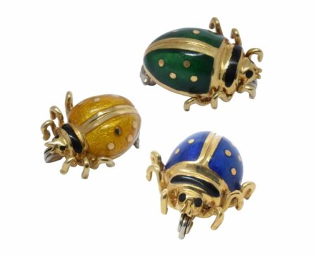 Ladybug 18k Yellow Gold & Enamel Pin Set of 3 Vibrant Blue/Green/Yellow