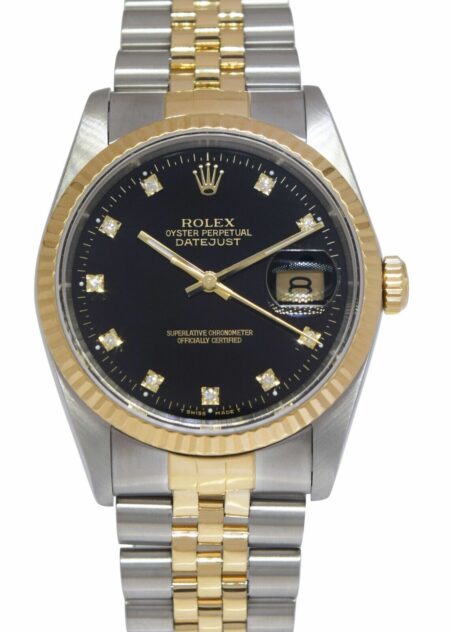 Rolex Datejust 18k Yellow Gold/Steel Black Diamond Dial 36mm Watch +Papers 16233