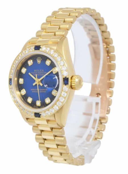 Rolex Datejust President 18k Yellow Gold Blue Vignette Diamond 26mm Watch 69178