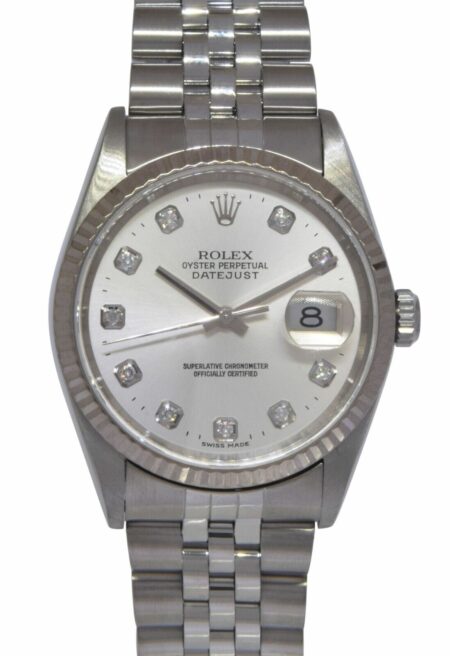 Rolex Datejust Steel & 18k White Gold Bezel Diamond Dial Mens 36mm Watch K 16234