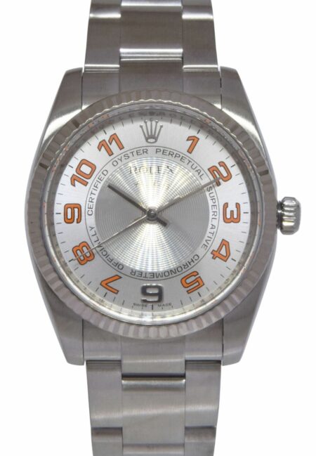 Rolex Air-King Steel Silver Concentric Dial Orange Arabic 34mm Watch M 114234