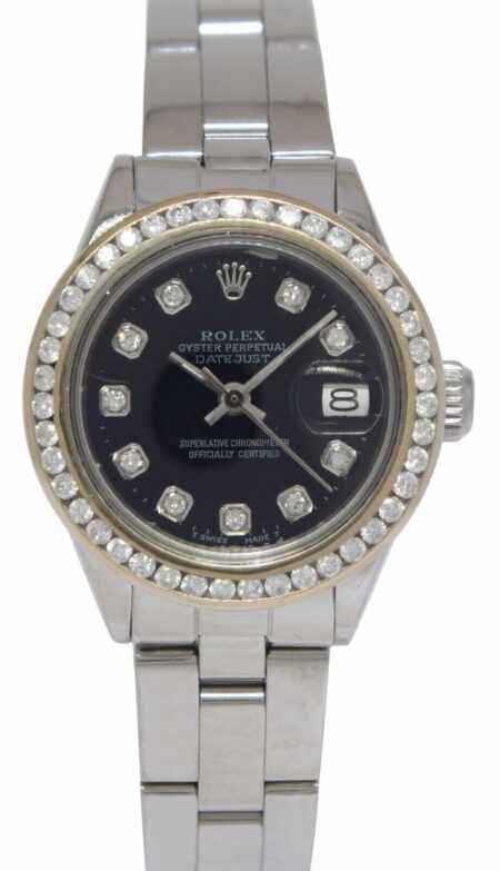 Rolex Datejust Steel Black Diamond Dial/Bezel Ladies 26mm Vintage Watch '73 6919