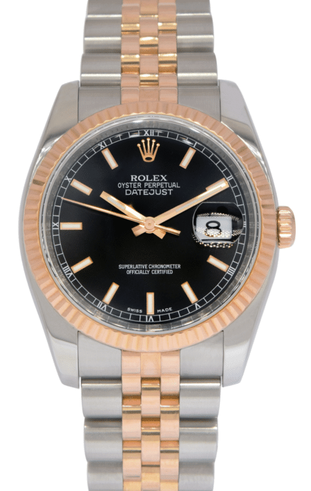 Rolex Datejust 18k Rose Gold/Steel Black Index Dial 36mm Jubilee Watch V 116231