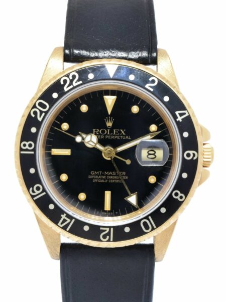 Rolex GMT-Master 18k Yellow Gold Black Nipple Dial 40mm Watch on Strap '84 16758