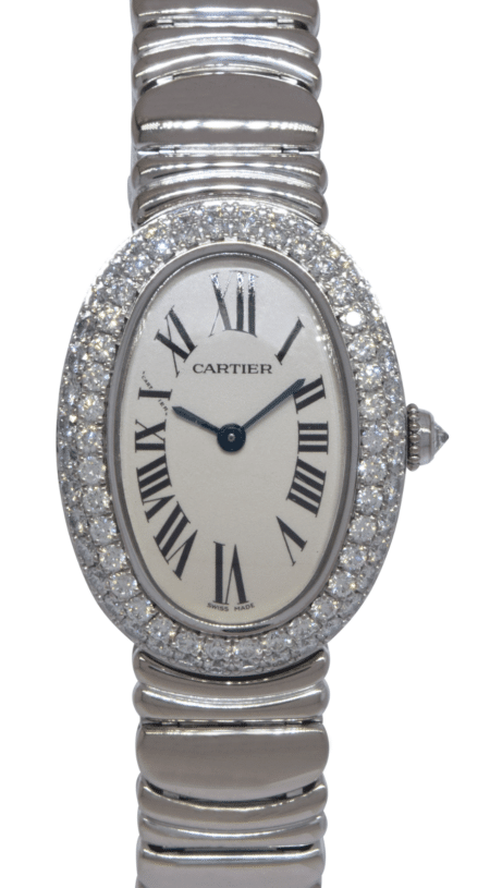 Cartier Baignoire 18k White Gold Diamond Bezel Ladies Quartz Watch WB5097L2 1955