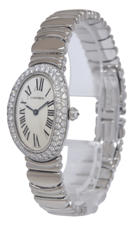 Cartier Baignoire 18k White Gold Diamond Bezel Ladies Quartz Watch WB5097L2 1955