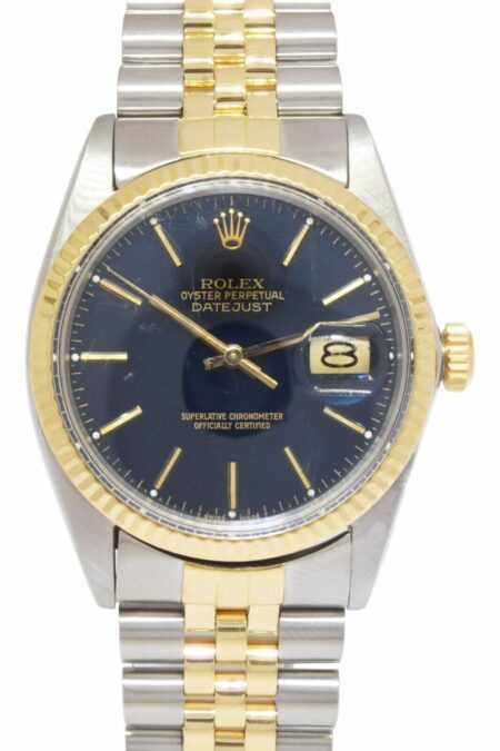 Rolex Datejust 18k Yellow Gold/Steel Blue Dial Mens 36mm Watch +Papers '84 16013