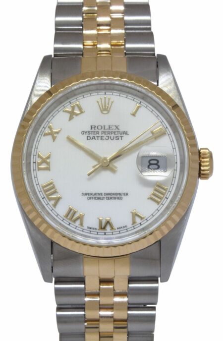 Rolex Datejust 18k Yellow Gold/Steel White Dial Mens 36mm Watch +Papers T 16233